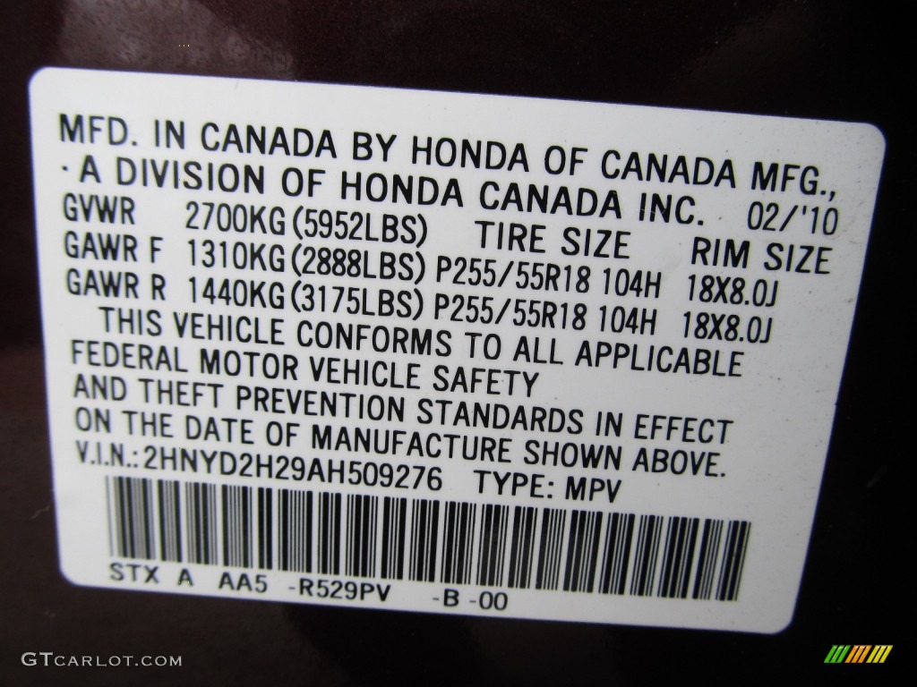 2010 MDX Color Code R529PV for Dark Cherry Pearl Photo #61929322