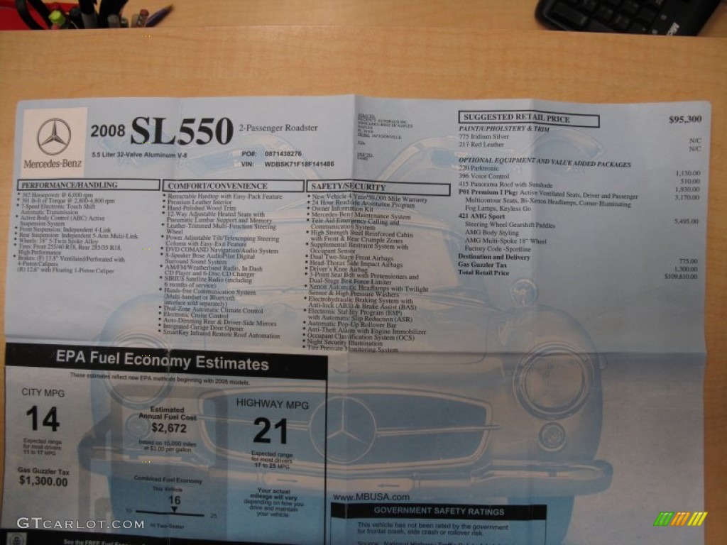 2008 Mercedes-Benz SL 550 Roadster Window Sticker Photo #61929509