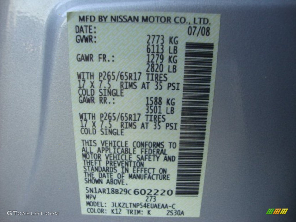 2009 Pathfinder Color Code K12 for Silver Lightning Photo #61938254