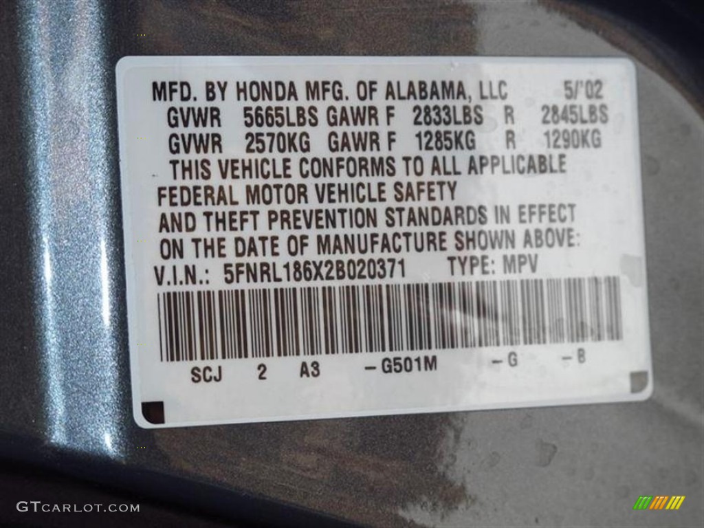 2002 Honda Odyssey EX Color Code Photos