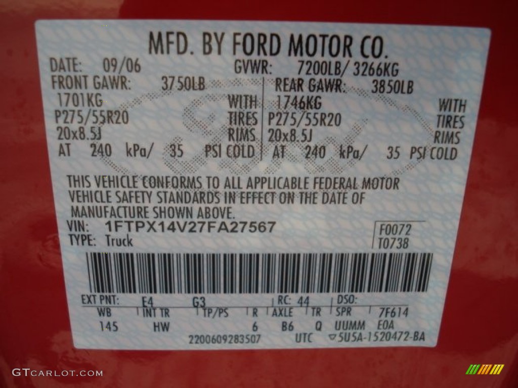 2007 Ford F150 Lariat SuperCab 4x4 Color Code Photos