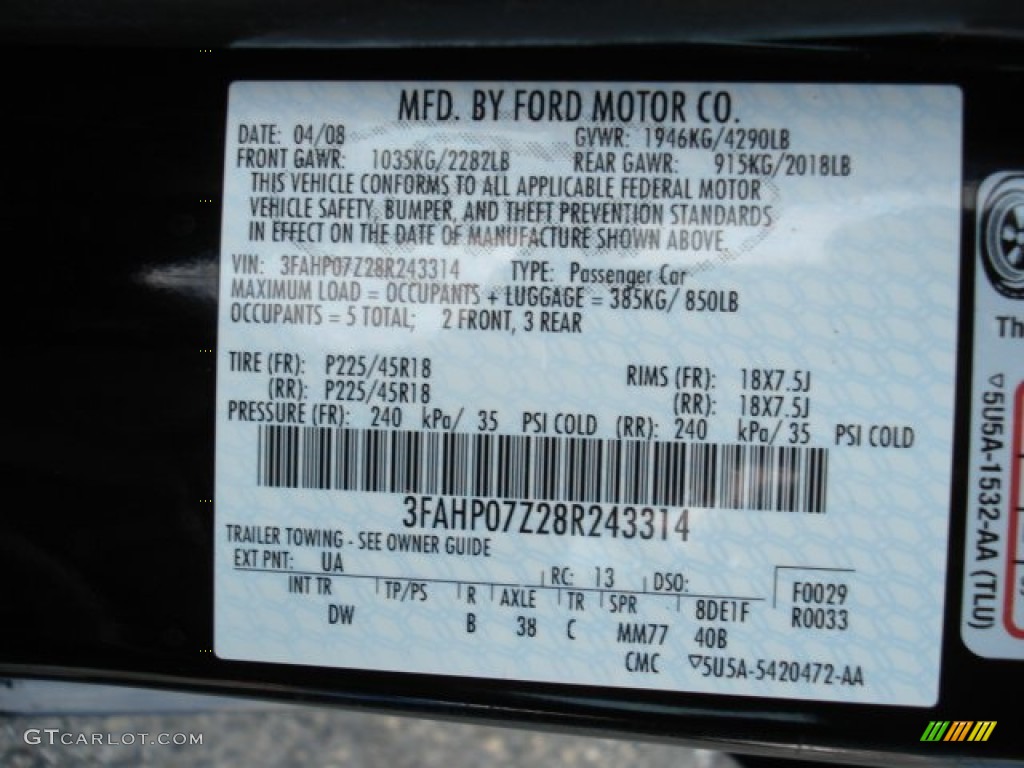 2008 Fusion Color Code UA for Black Ebony Photo #61965017