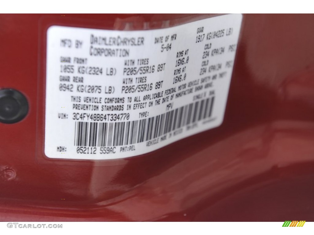 2004 PT Cruiser Color Code PEL for Inferno Red Pearlcoat Photo #61981212