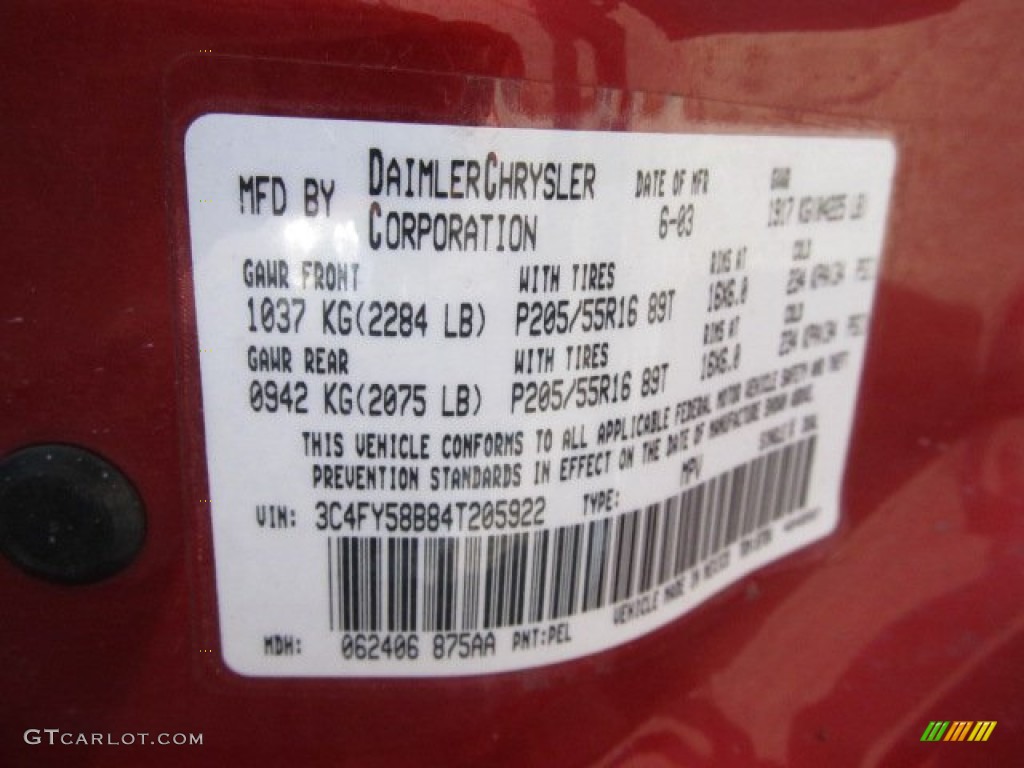 2004 PT Cruiser Color Code PEL for Inferno Red Pearlcoat Photo #61986708