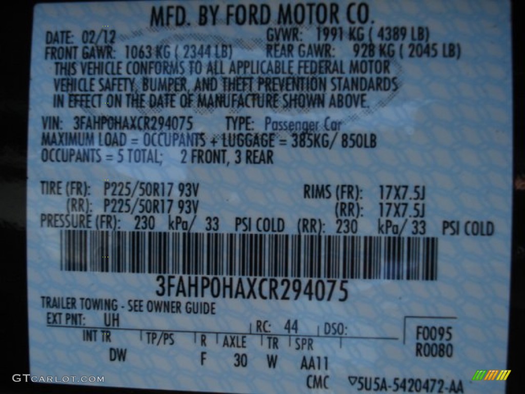 2012 Fusion Color Code UH for Tuxedo Black Metallic Photo #61997253