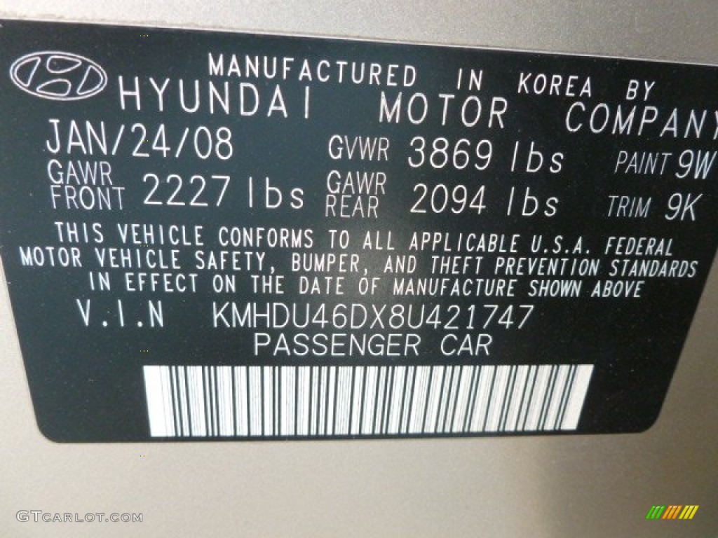 2008 Elantra Color Code 9W for Laguna Sand Metallic Photo #62003164