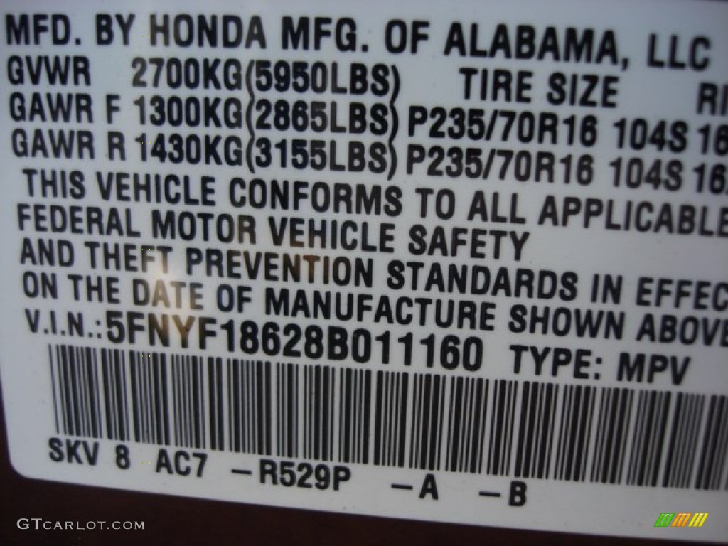 2008 Pilot Color Code R529P for Dark Cherry Pearl Photo #62004795