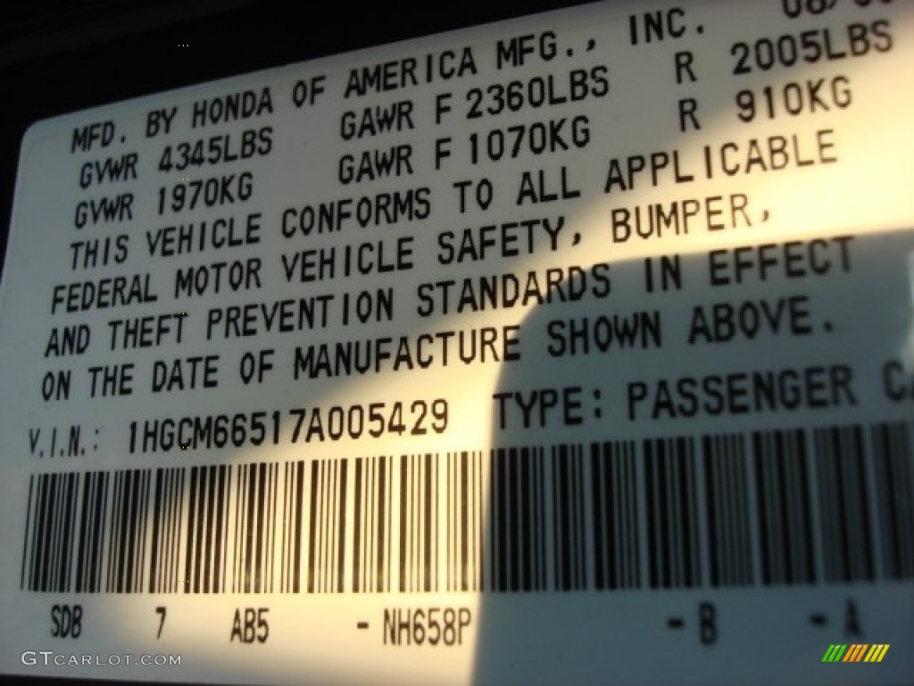 2007 Honda Accord EX-L V6 Sedan Color Code Photos
