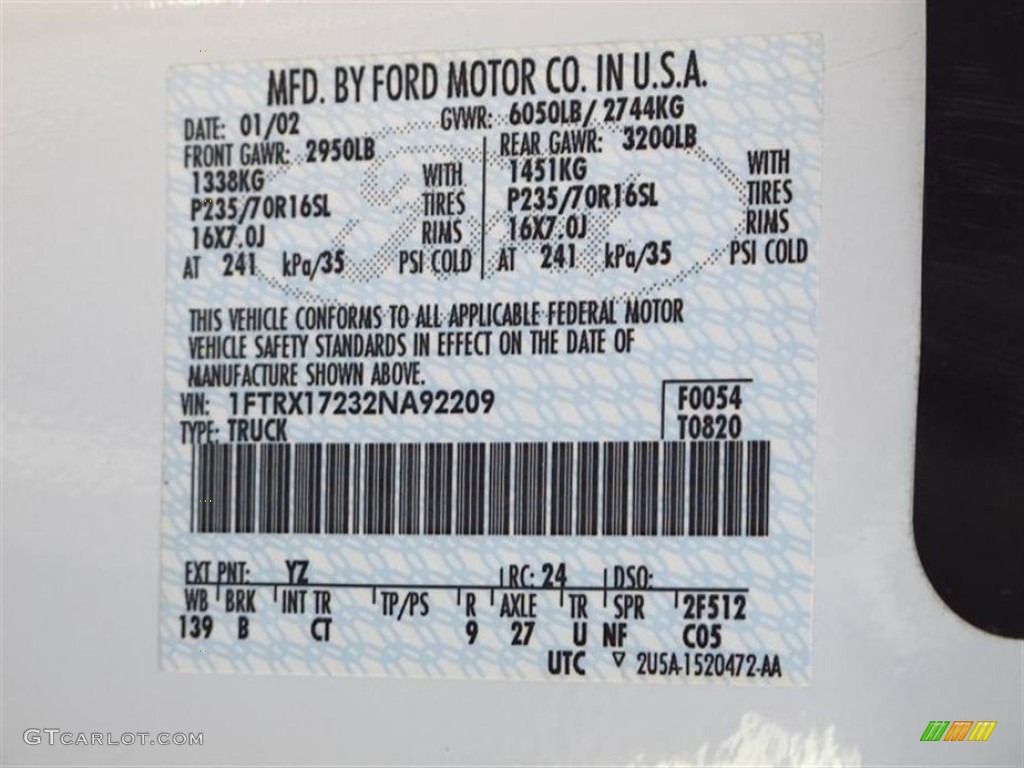 2002 F150 Color Code YZ for Oxford White Photo #62011405