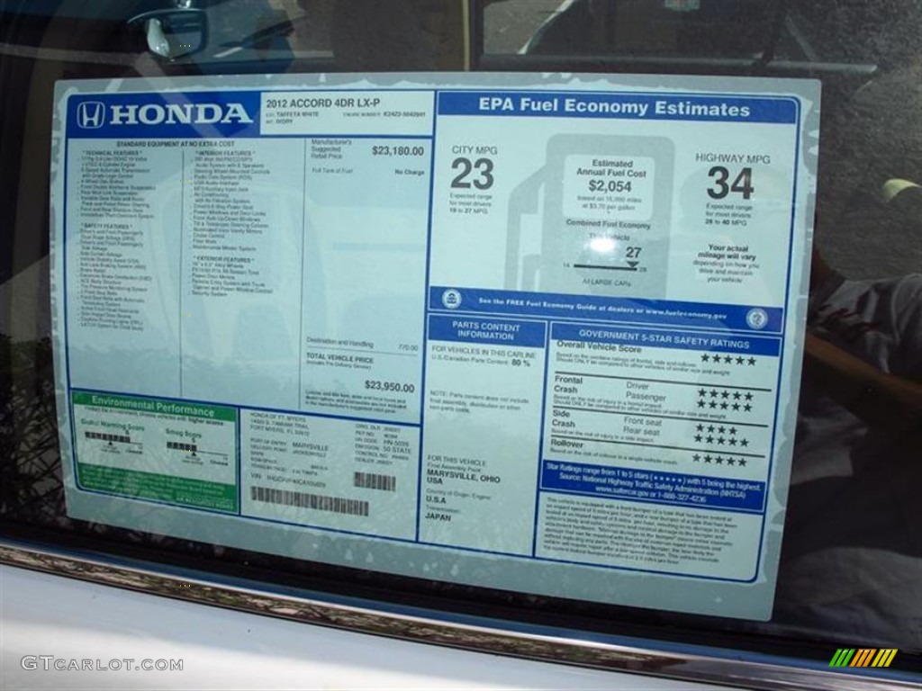 2012 Honda Accord LX Premium Sedan Window Sticker Photo #62011760