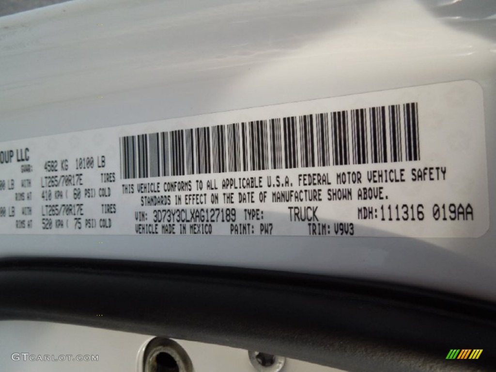 2010 Ram 3500 Color Code PW7 for Bright White Photo #62016066