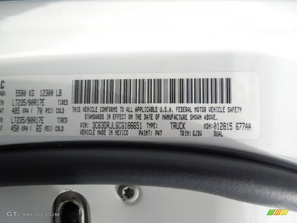 2012 Ram 3500 HD Color Code PW7 for Bright White Photo #62018283