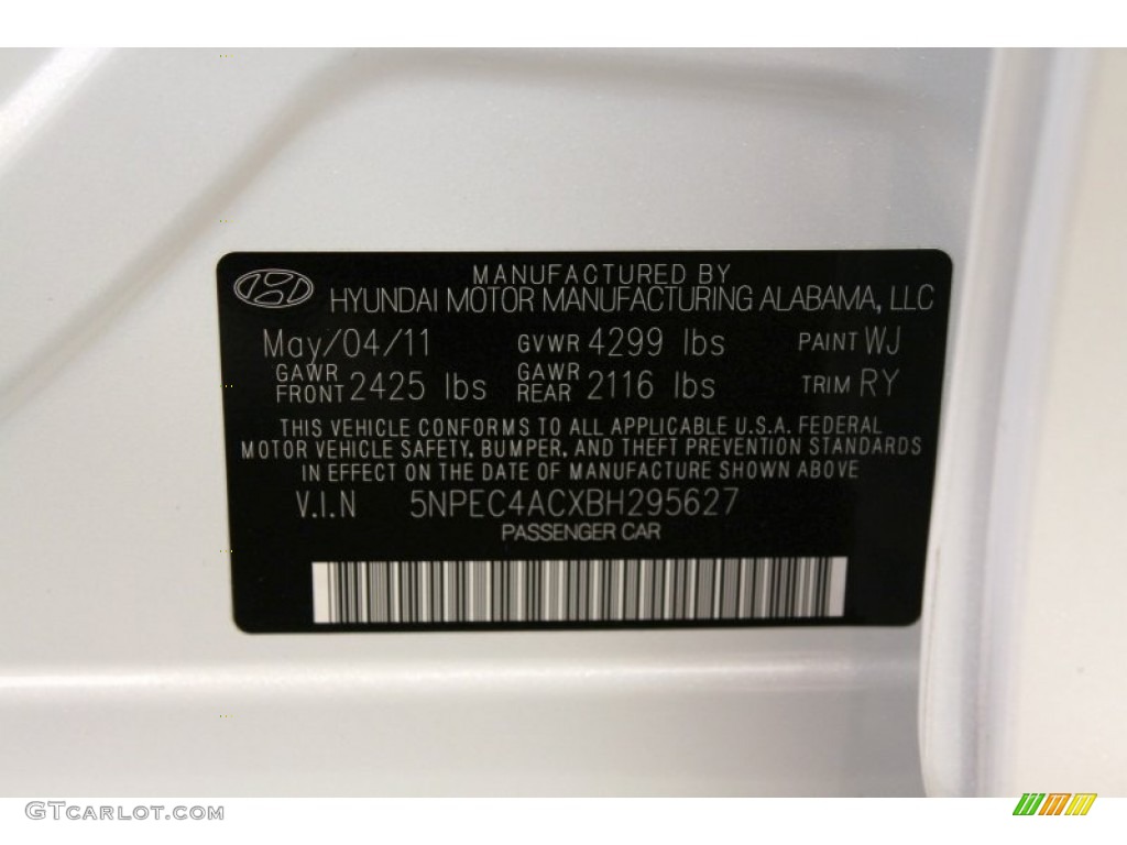 2011 Sonata Color Code WJ for Shimmering White Photo #62032182
