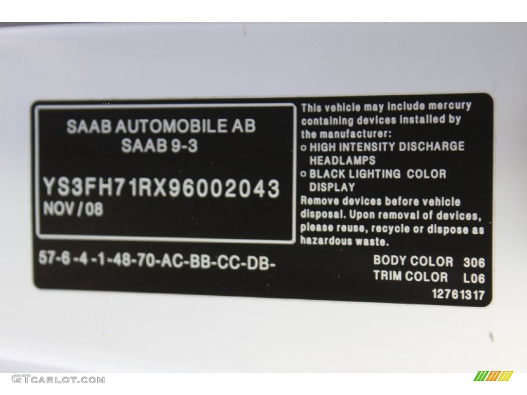 2009 Saab 9-3 Aero Convertible Color Code Photos