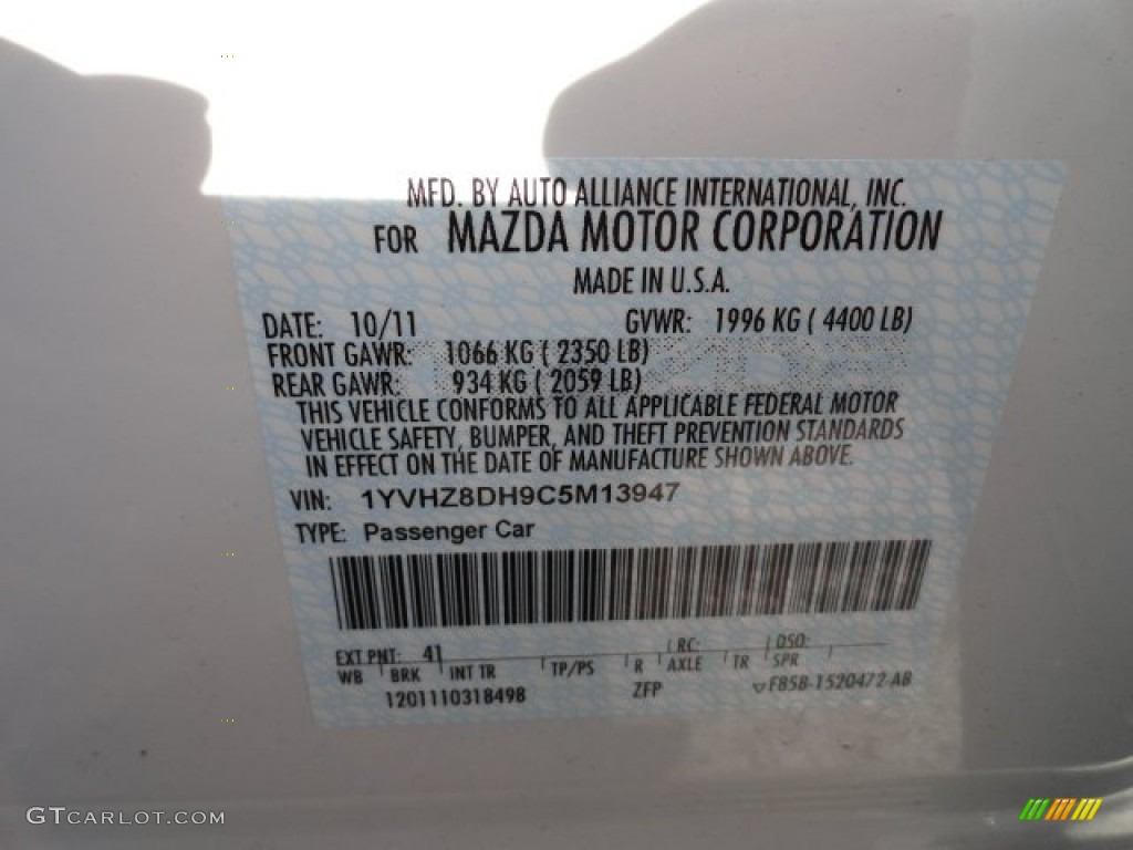 2012 MAZDA6 Color Code 41M for White Platinum Pearl Photo #62044687