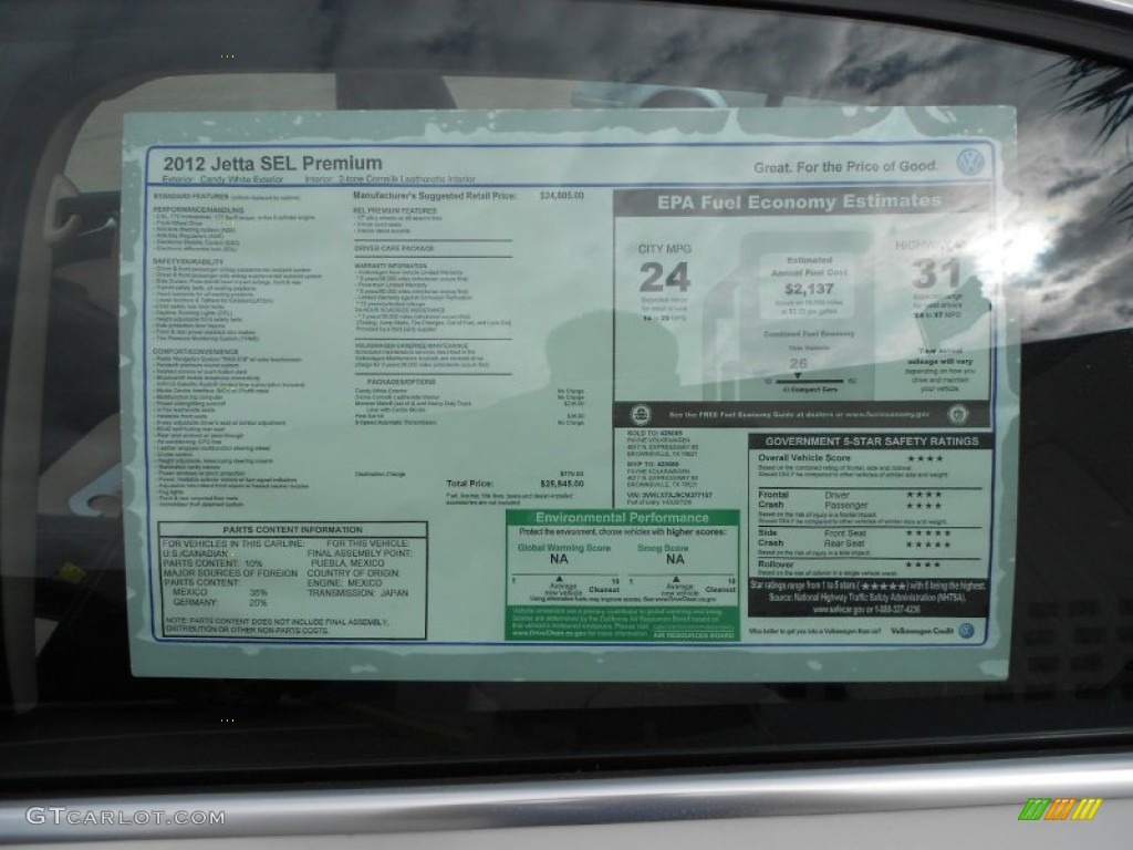 2012 Volkswagen Jetta SEL Sedan Window Sticker Photo #62060970