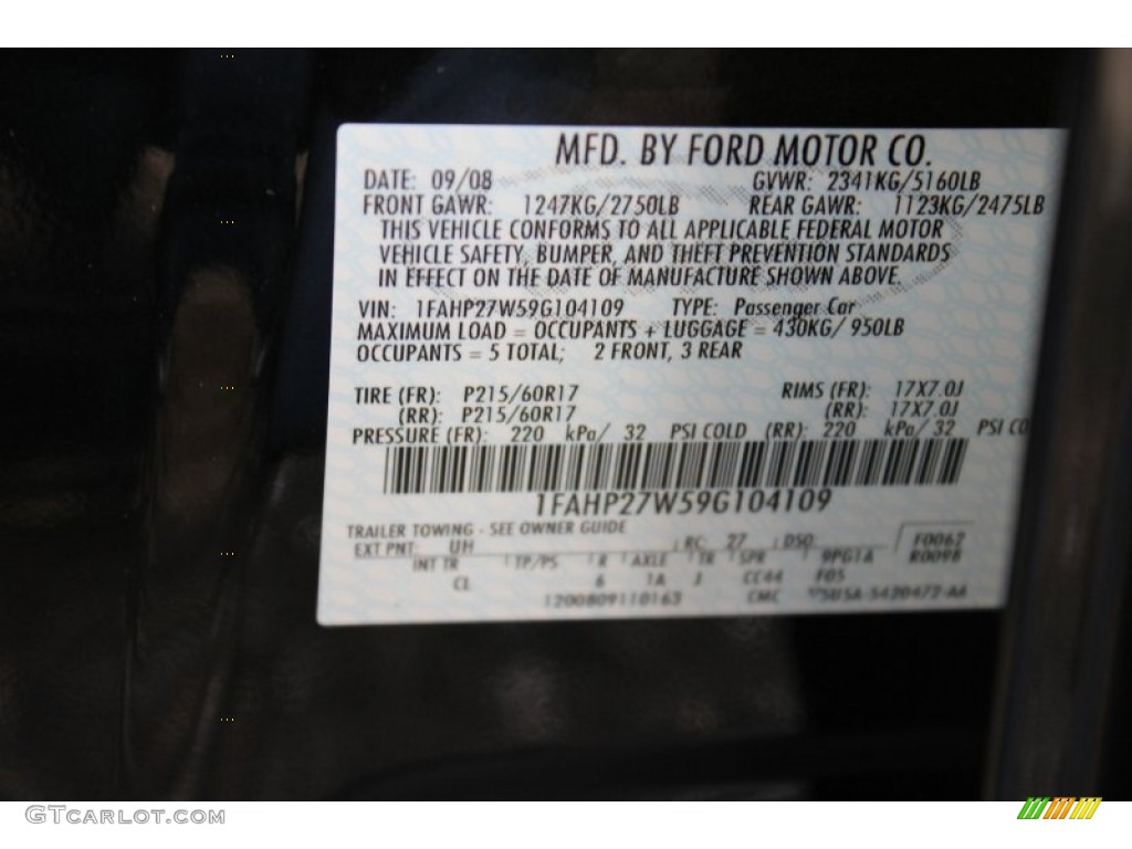 2009 Taurus Color Code UH for Tuxedo Black Metallic Photo #62076449