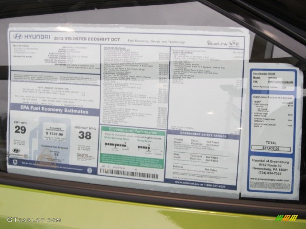 2012 Hyundai Veloster Standard Veloster Model Window Sticker Photo #62080994