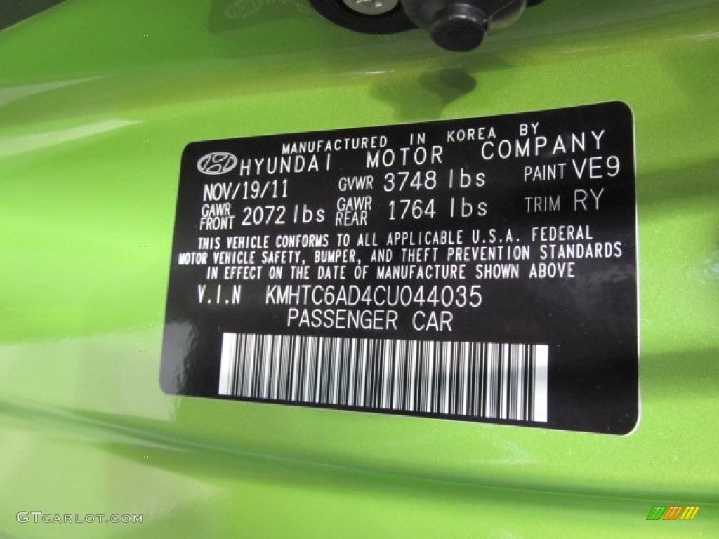 2012 Veloster Color Code VE9 for Electrolyte Green Photo #62081030