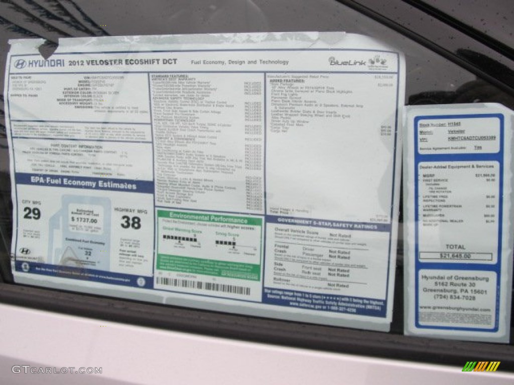 2012 Hyundai Veloster Standard Veloster Model Window Sticker Photo #62081058