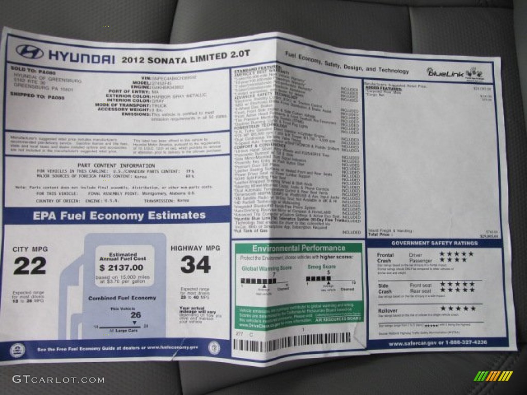 2012 Hyundai Sonata Limited 2.0T Window Sticker Photo #62083515