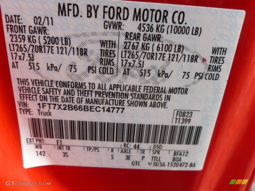 2011 Ford F250 Super Duty XLT SuperCab 4x4 Color Code Photos