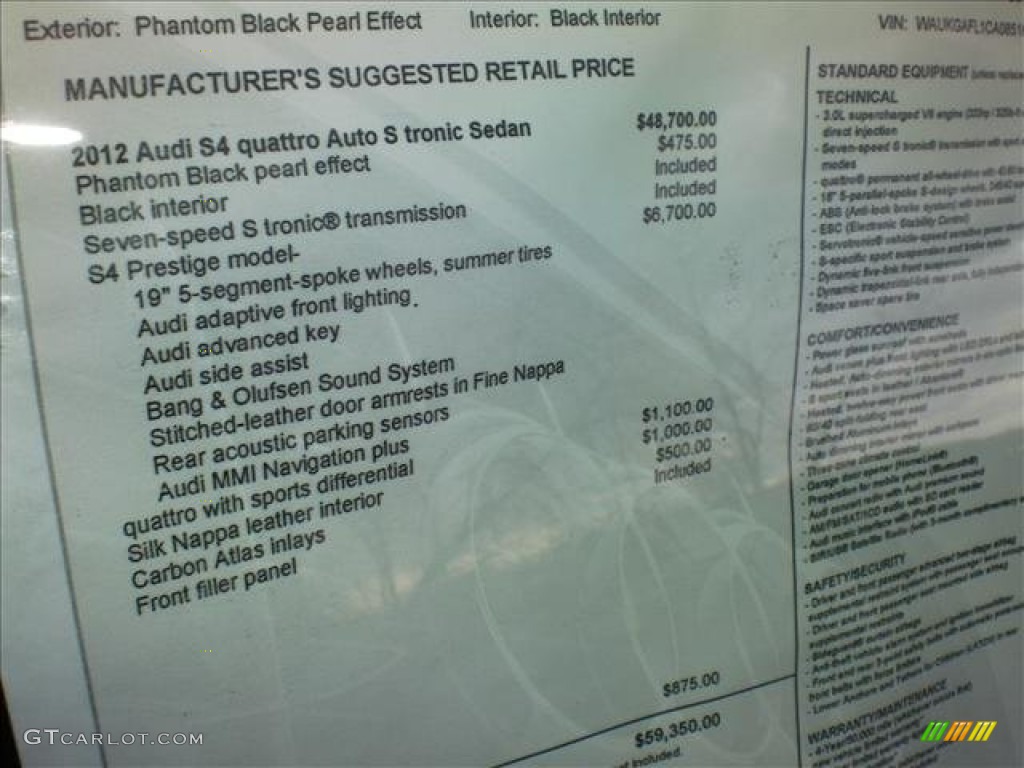 2012 Audi S4 3.0T quattro Sedan Window Sticker Photo #62102601