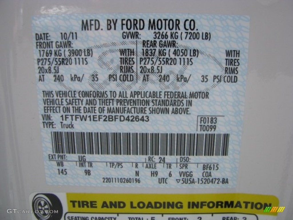 2011 F150 Color Code UG for White Platinum Metallic Tri-Coat Photo #62104936