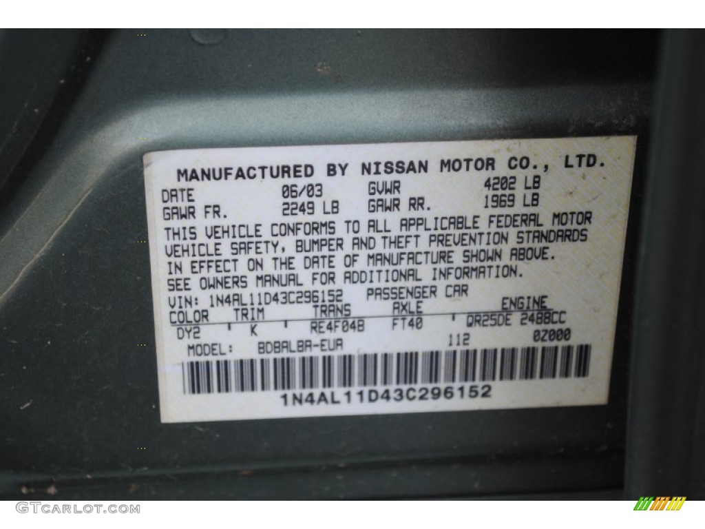 2003 Altima Color Code DY2 for Mystic Emerald Green Photo #62107334