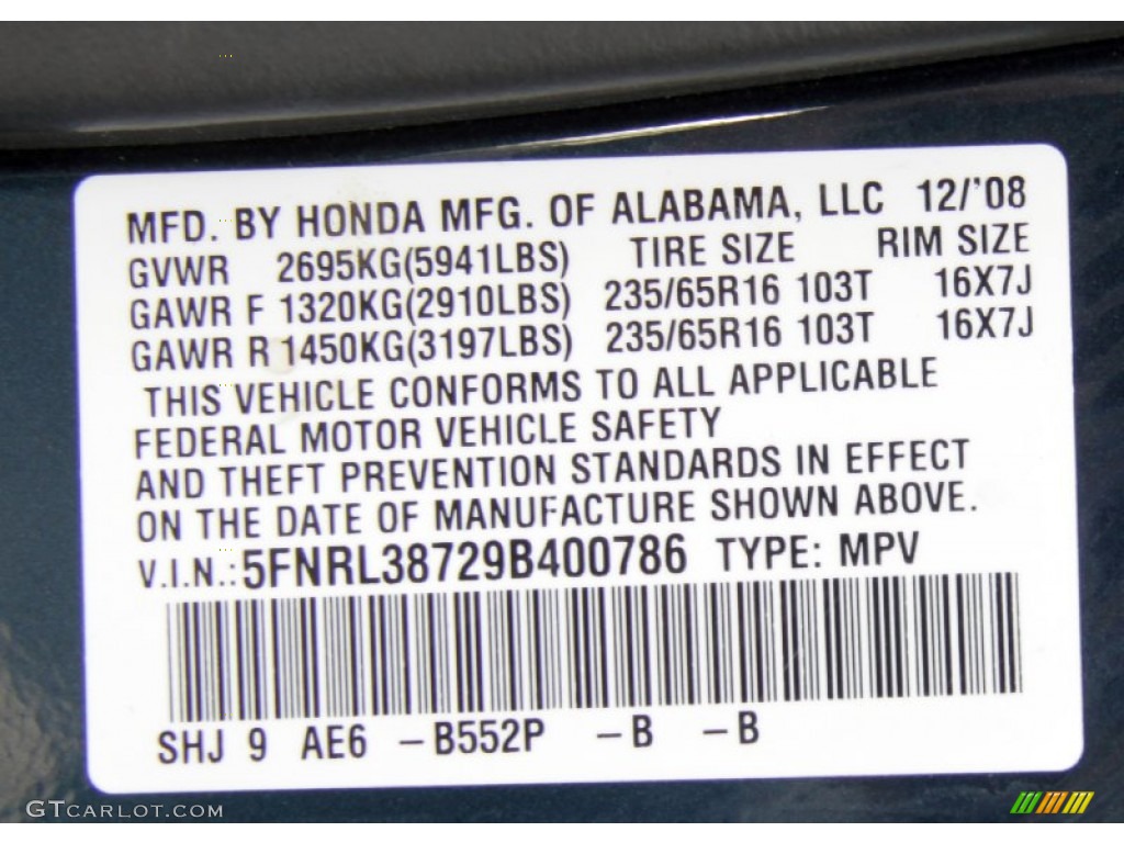2009 Odyssey Color Code B552P for Bali Blue Pearl Photo #62108483