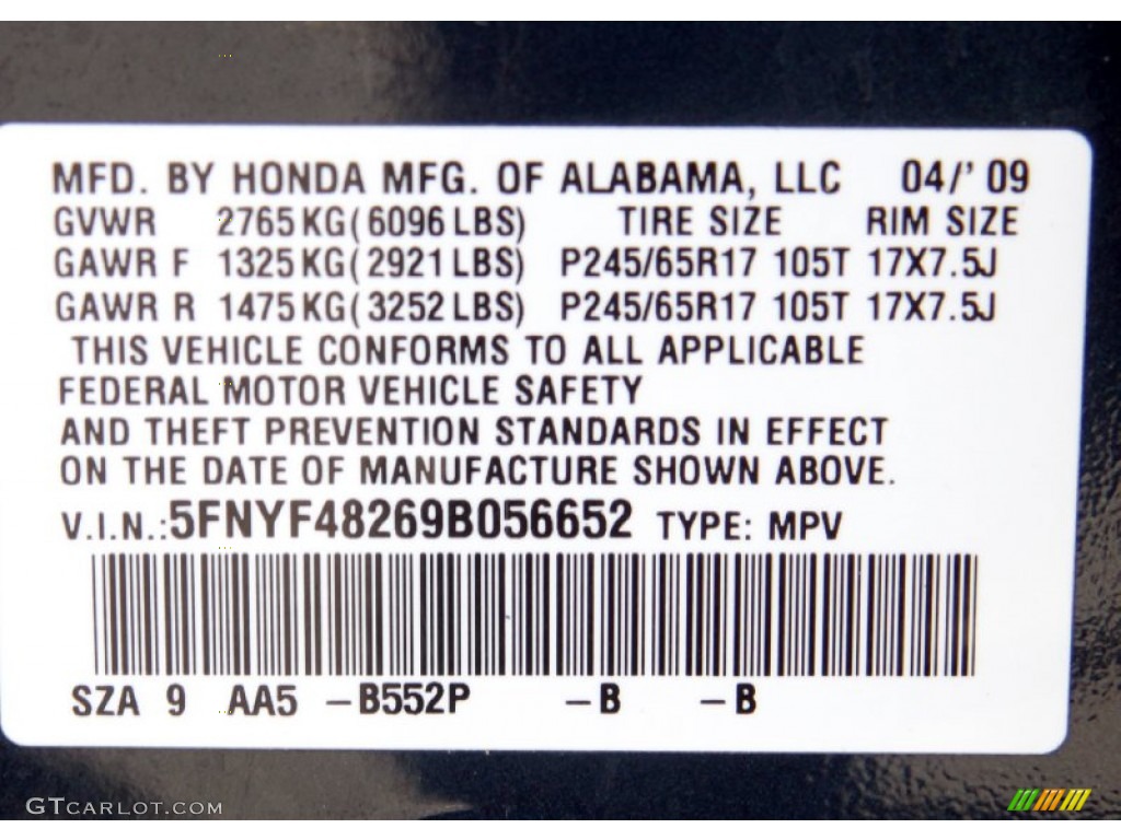 2009 Honda Pilot LX 4WD Color Code Photos