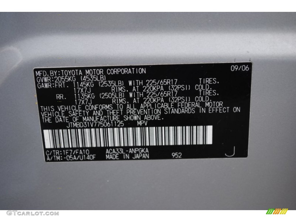 2007 RAV4 Color Code 1F7 for Classic Silver Metallic Photo #62116007