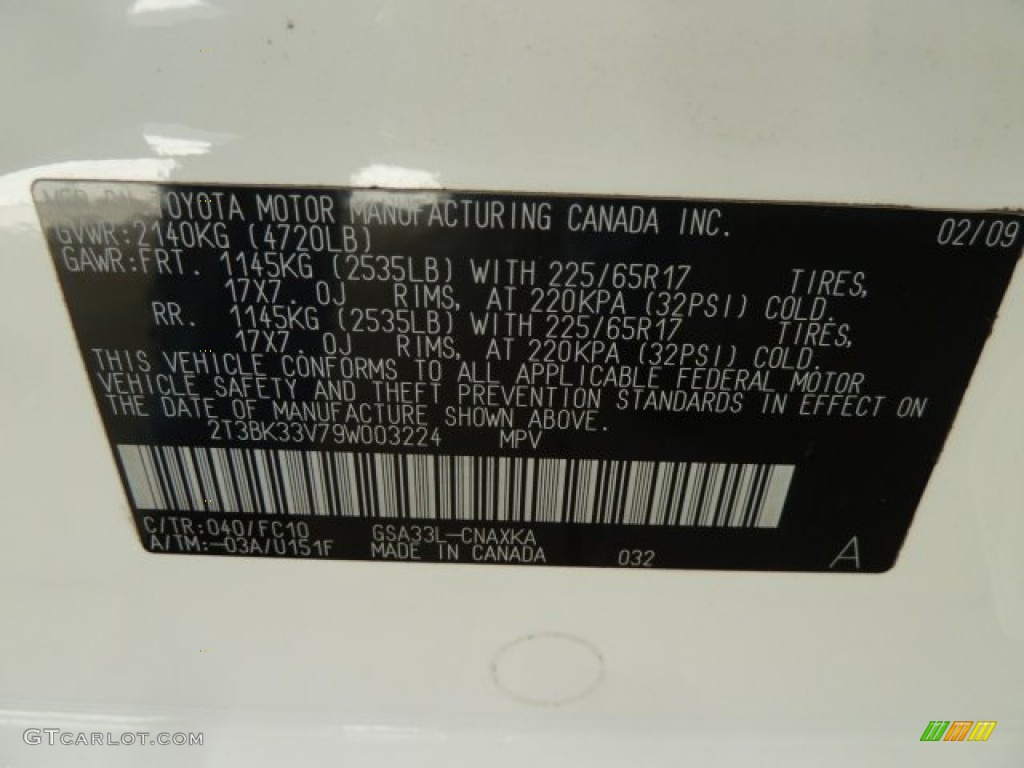 2009 RAV4 Color Code 040 for Super White Photo #62118707