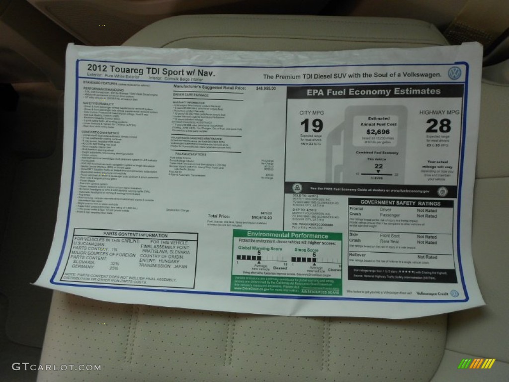 2012 Volkswagen Touareg TDI Sport 4XMotion Window Sticker Photo #62119079