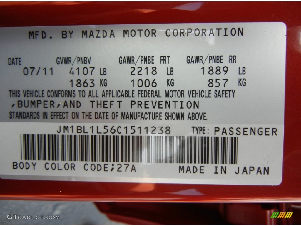 2012 MAZDA3 Color Code 27A for Velocity Red Mica Photo #62121113