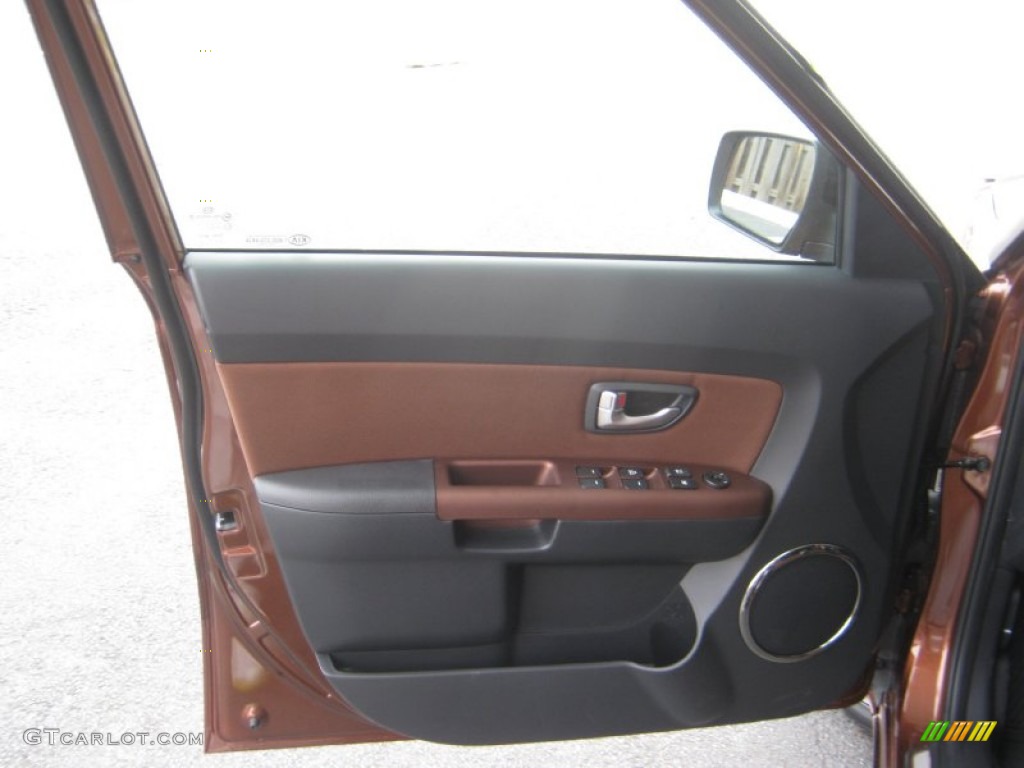 2012 Kia Soul Special Edition Red Rock Red Rock Brown Cloth/Black Leather Door Panel Photo #62127725