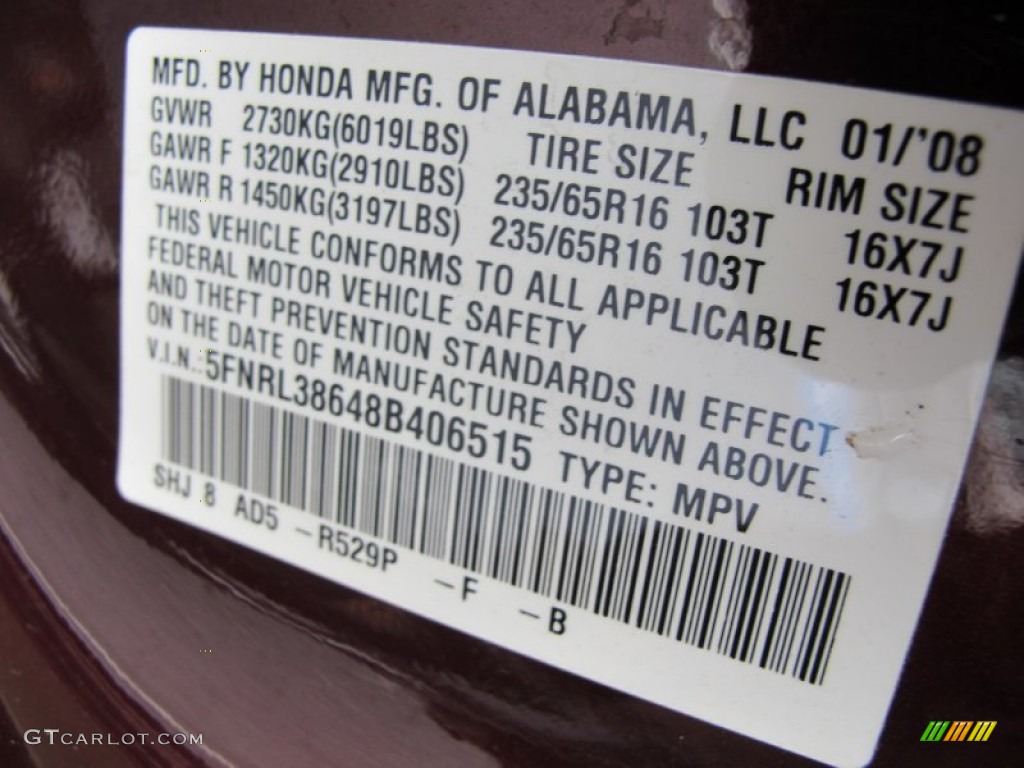2008 Odyssey Color Code R529P for Dark Cherry Pearl Photo #62133858