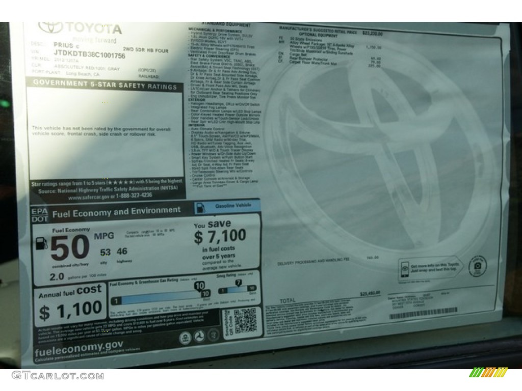 2012 Toyota Prius c Hybrid Four Window Sticker Photo #62147829