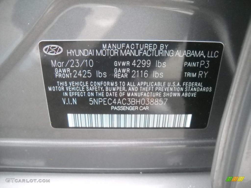 2011 Sonata Color Code P3 for Harbor Gray Metallic Photo #62151439