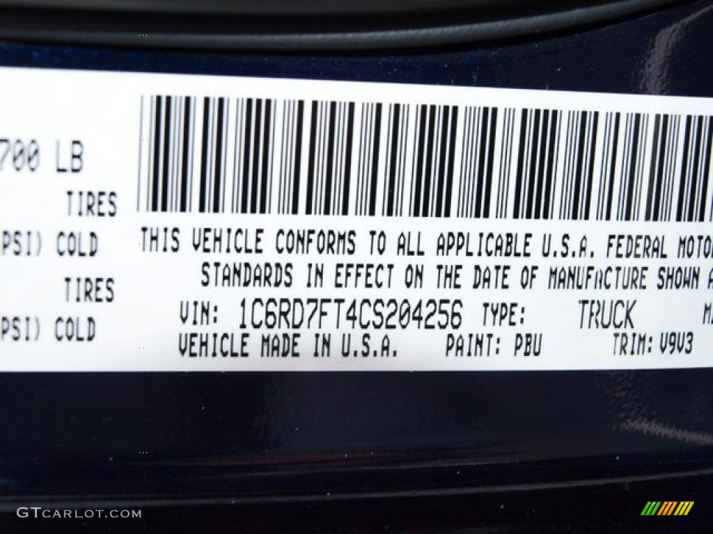 2012 Ram 1500 Color Code PBU for True Blue Pearl Photo #62171622