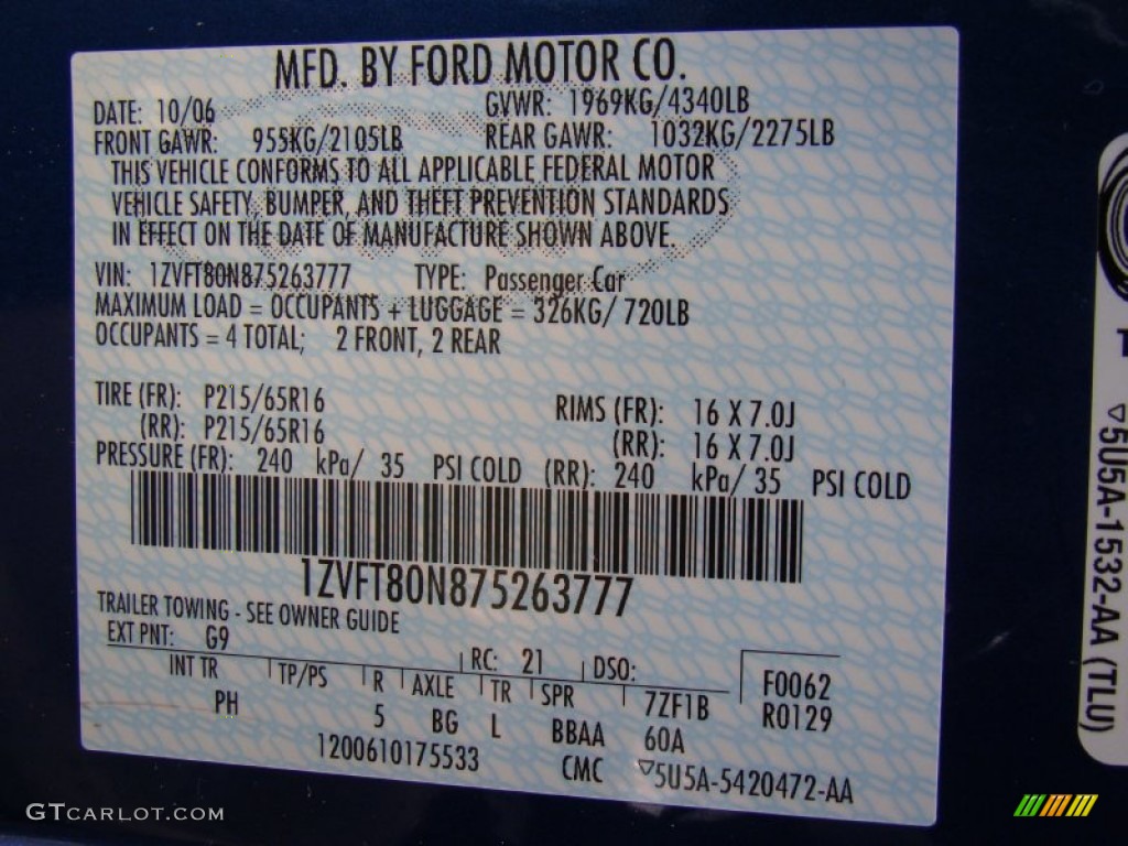 2007 Mustang Color Code G9 for Vista Blue Metallic Photo #62179366