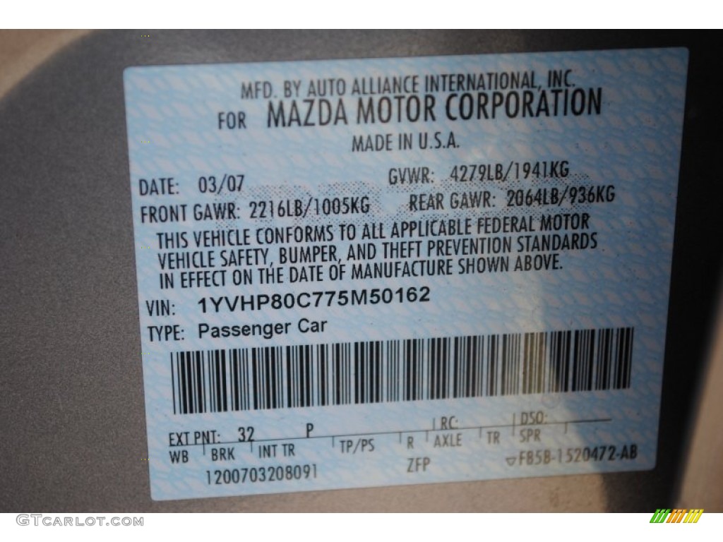 2007 MAZDA6 Color Code 32P for Tungsten Gray Metallic Photo #62198680