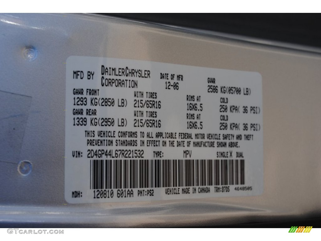 2007 Grand Caravan Color Code PS2 for Bright Silver Metallic Photo #62199121