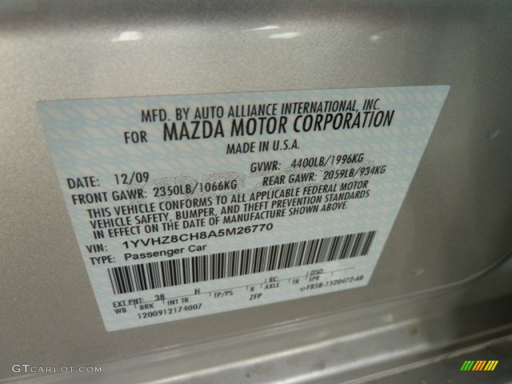 2010 MAZDA6 Color Code 38H for Brilliant Silver Metallic Photo #62221419