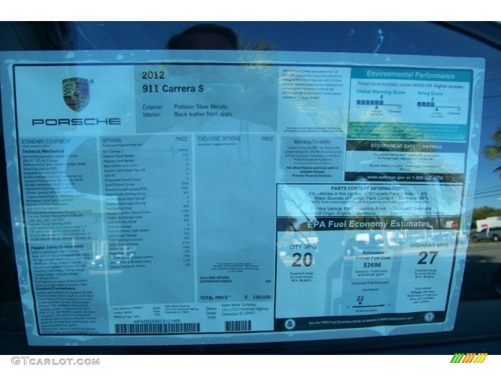 2012 Porsche New 911 Carrera S Coupe Window Sticker Photo #62225225
