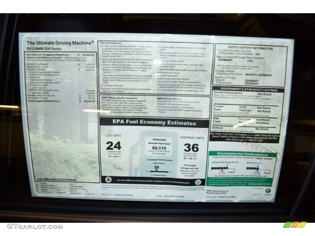 2012 BMW 3 Series 328i Sedan Window Sticker Photo #62238309