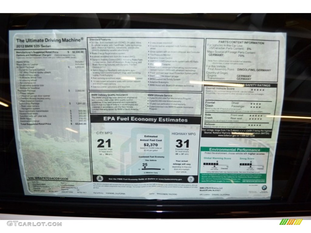 2012 BMW 5 Series 535i Sedan Window Sticker Photo #62244382