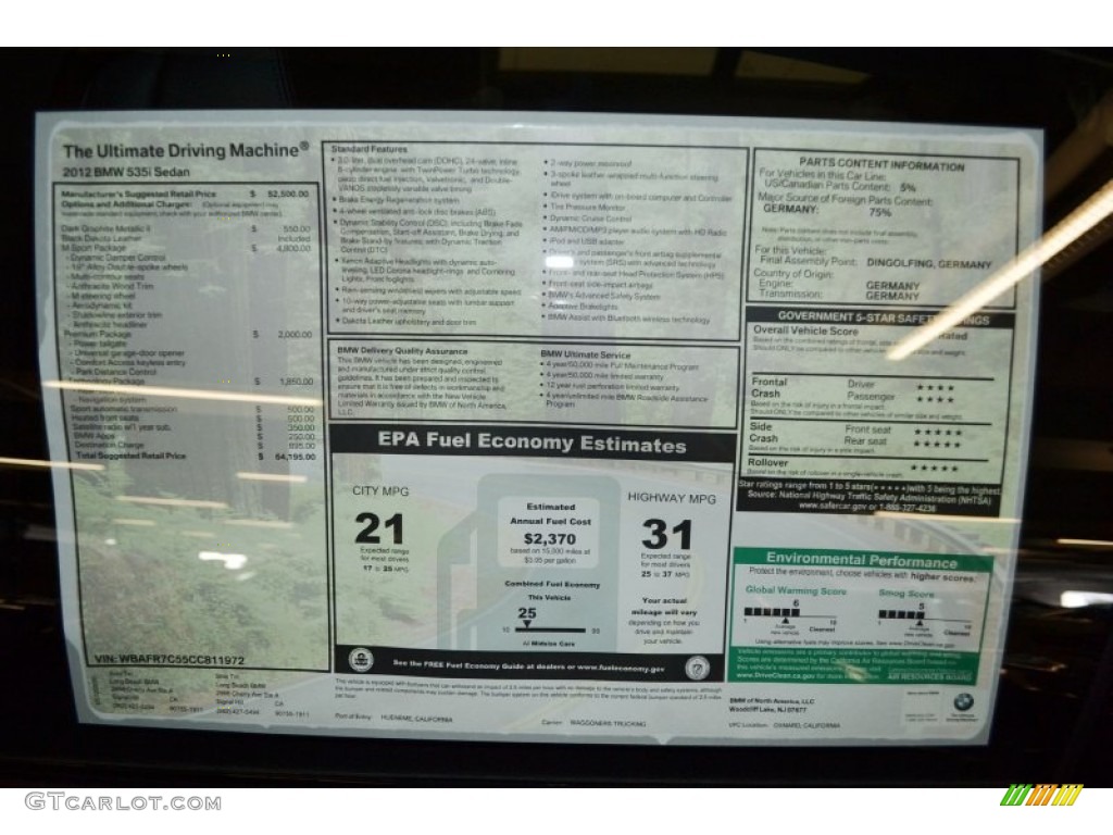 2012 BMW 5 Series 535i Sedan Window Sticker Photo #62244529