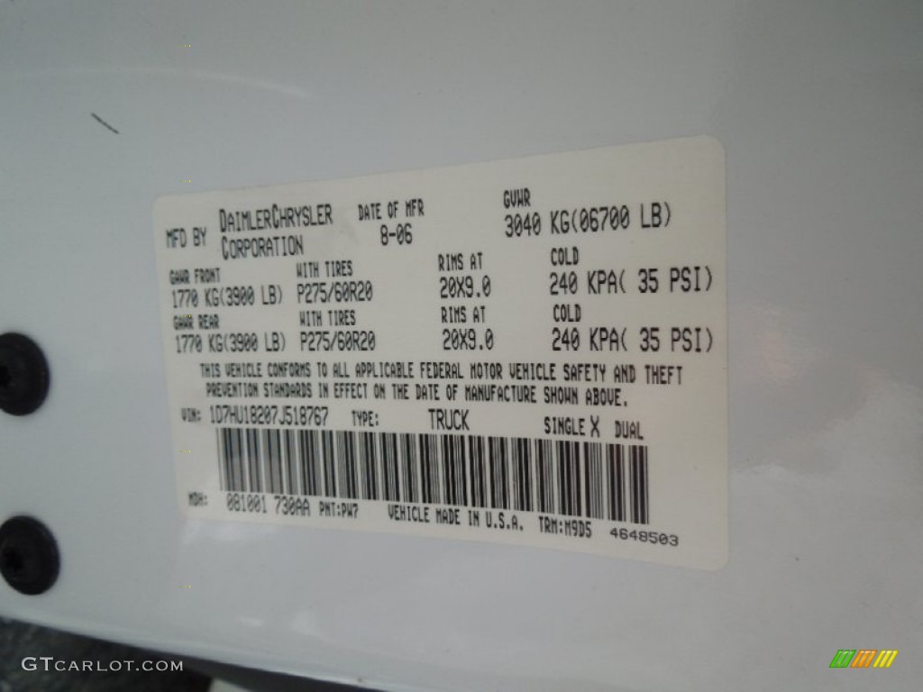 2007 Ram 1500 Color Code PW7 for Bright White Photo #62244672