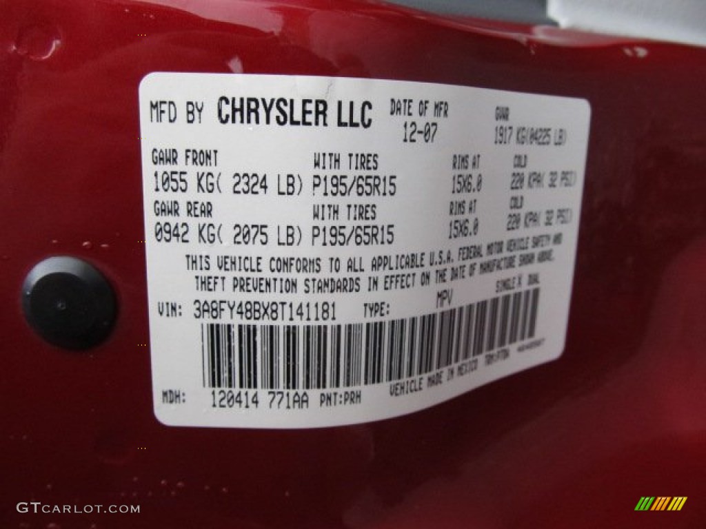 2008 PT Cruiser Color Code PRH for Inferno Red Crystal Pearl Photo #62249779